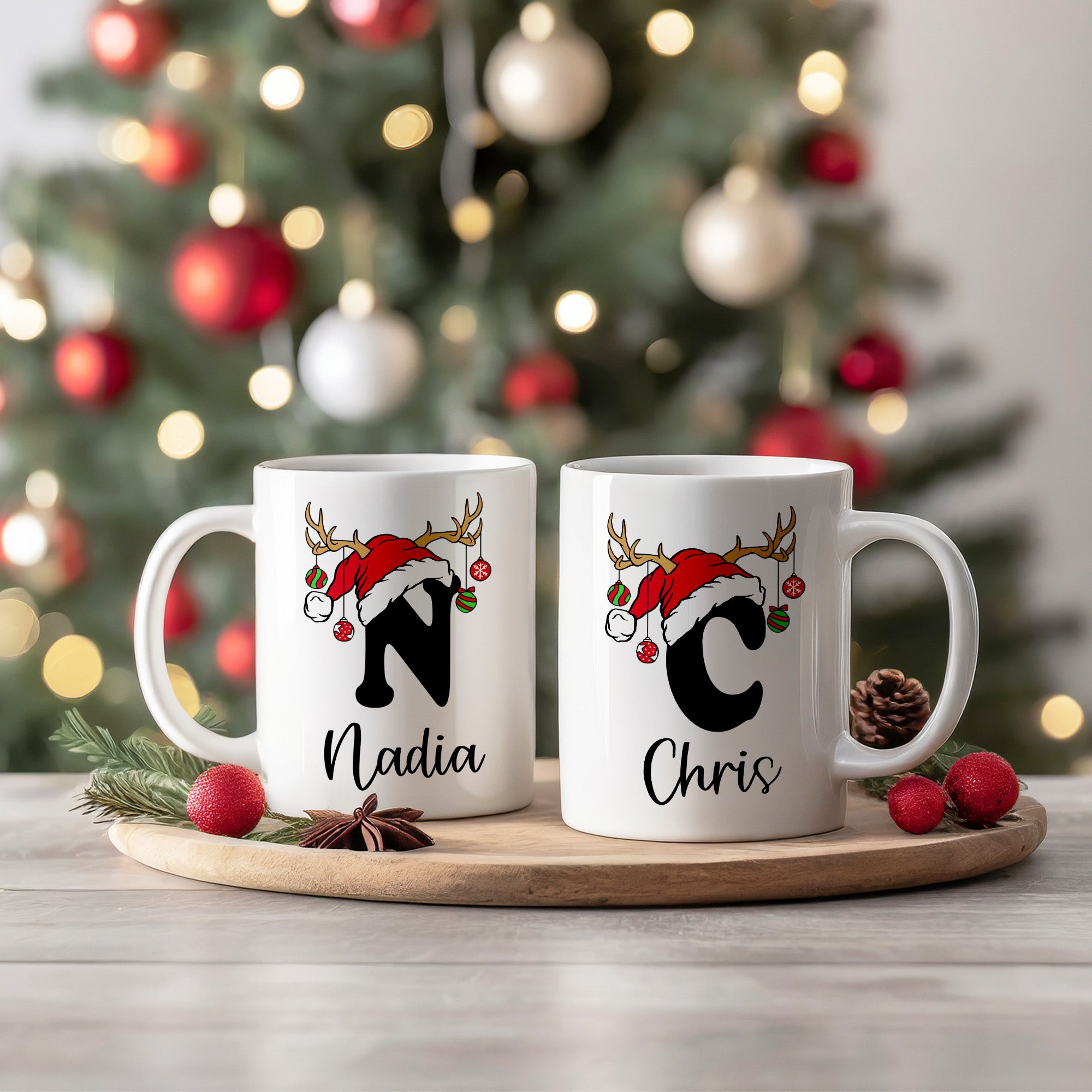 Personalized matching couples Christmas mugs. Cute Christmas gifts for friends, teachers, family, and groups.