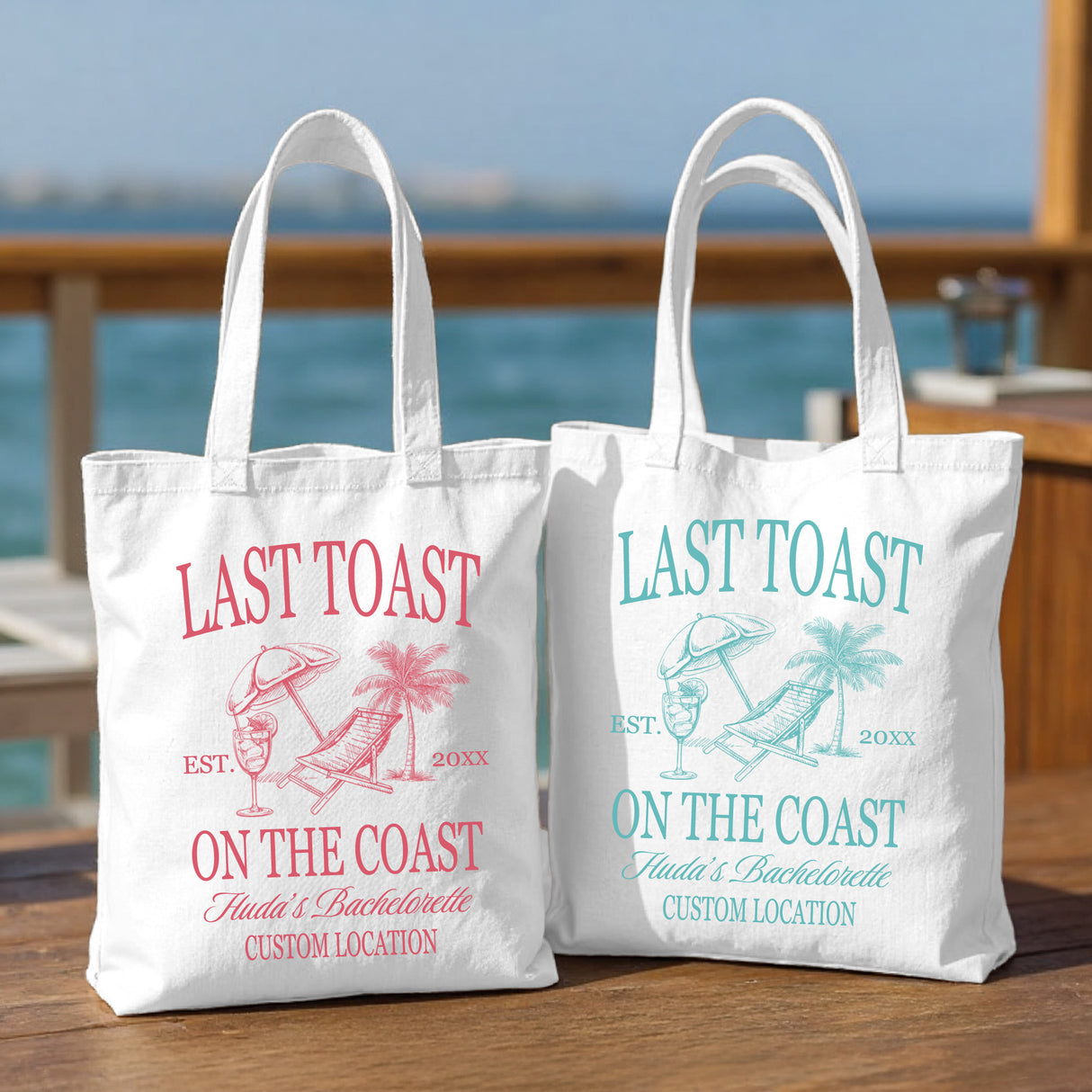 Personalized tote bag perfect for a beach bachelorette party featuring a custom Last Toast on the Coast design.