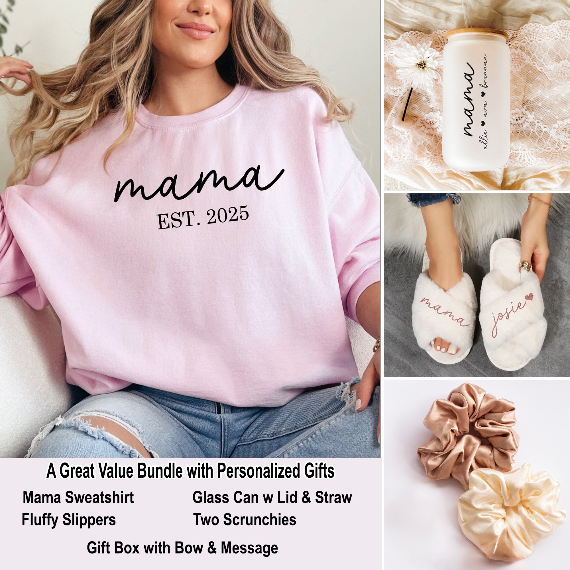Bundle gift set for mom with mama sweatshirt, fluffy slippers, glass can and scrunchies. The set is packaged ready for gifting in a cute white box with bow and message.