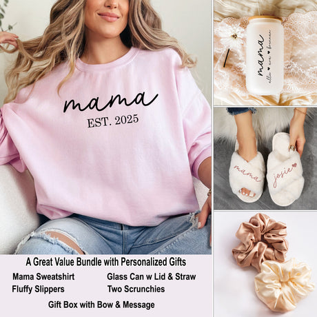 Bundle gift set for mom with mama sweatshirt, fluffy slippers, glass can and scrunchies. The set is packaged ready for gifting in a cute white box with bow and message.