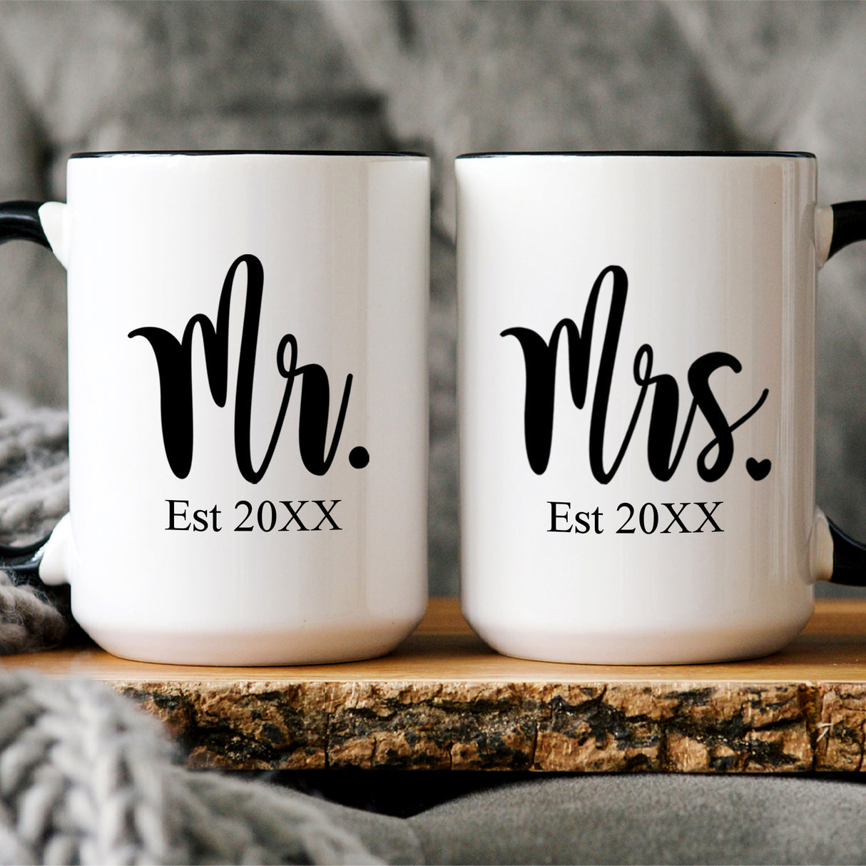 Personalized Mr and Mrs mug set for couples. Custom matching mug gifts.