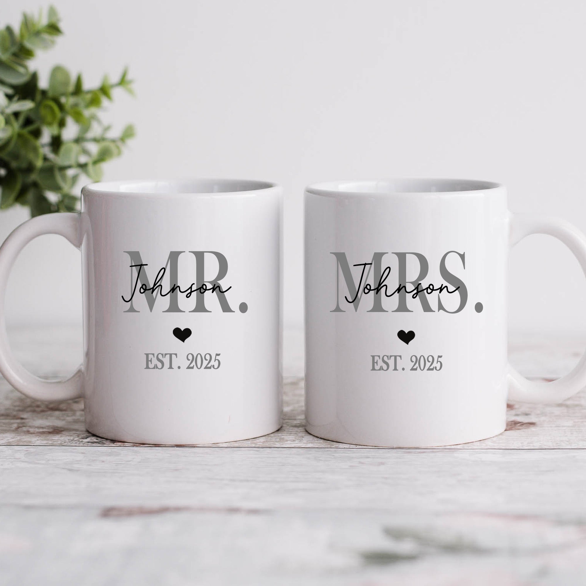 Personalized Mr and Mrs mug set with custom name and wedding date.