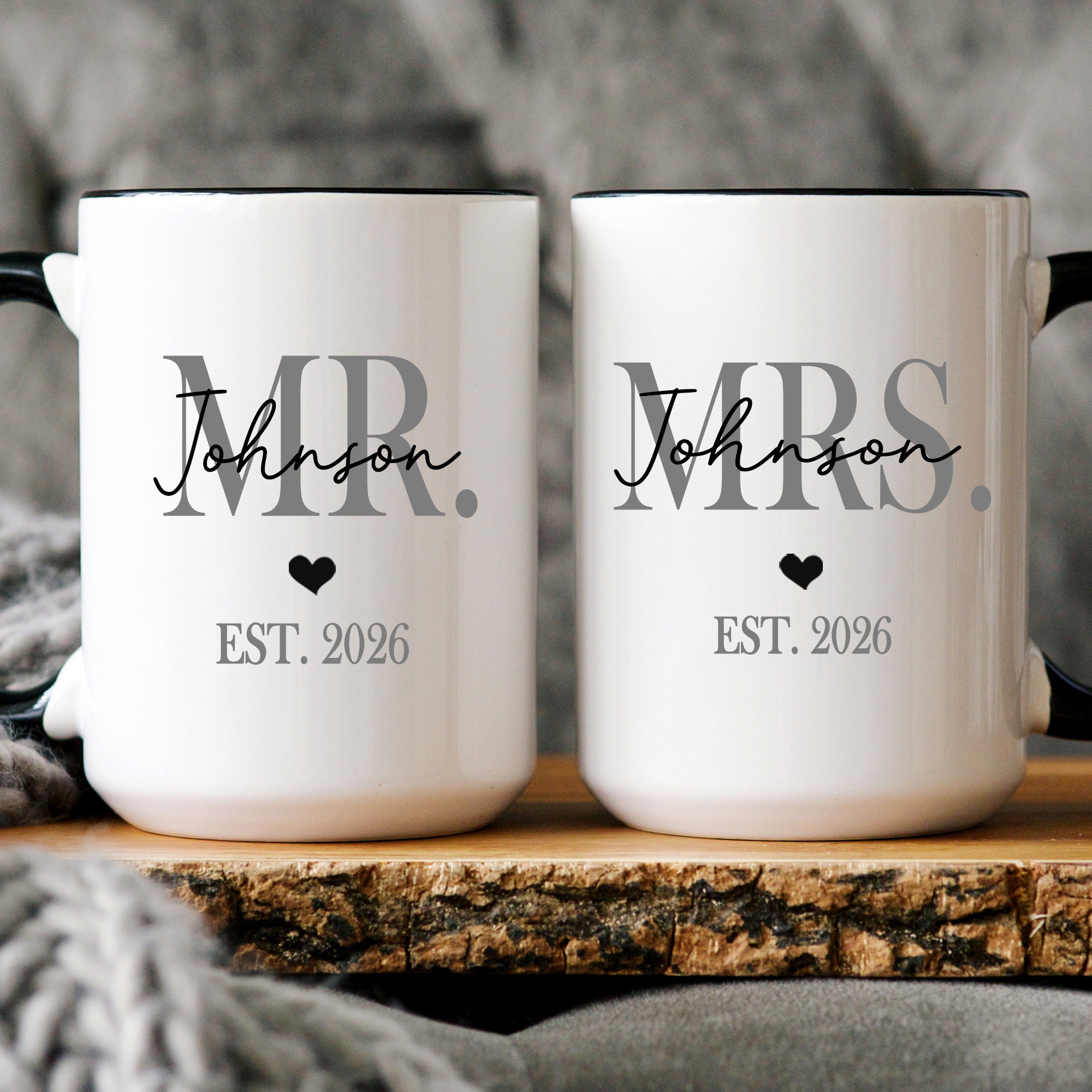 Custom Mr. and Mrs. mug set for engagement gift for him and her.