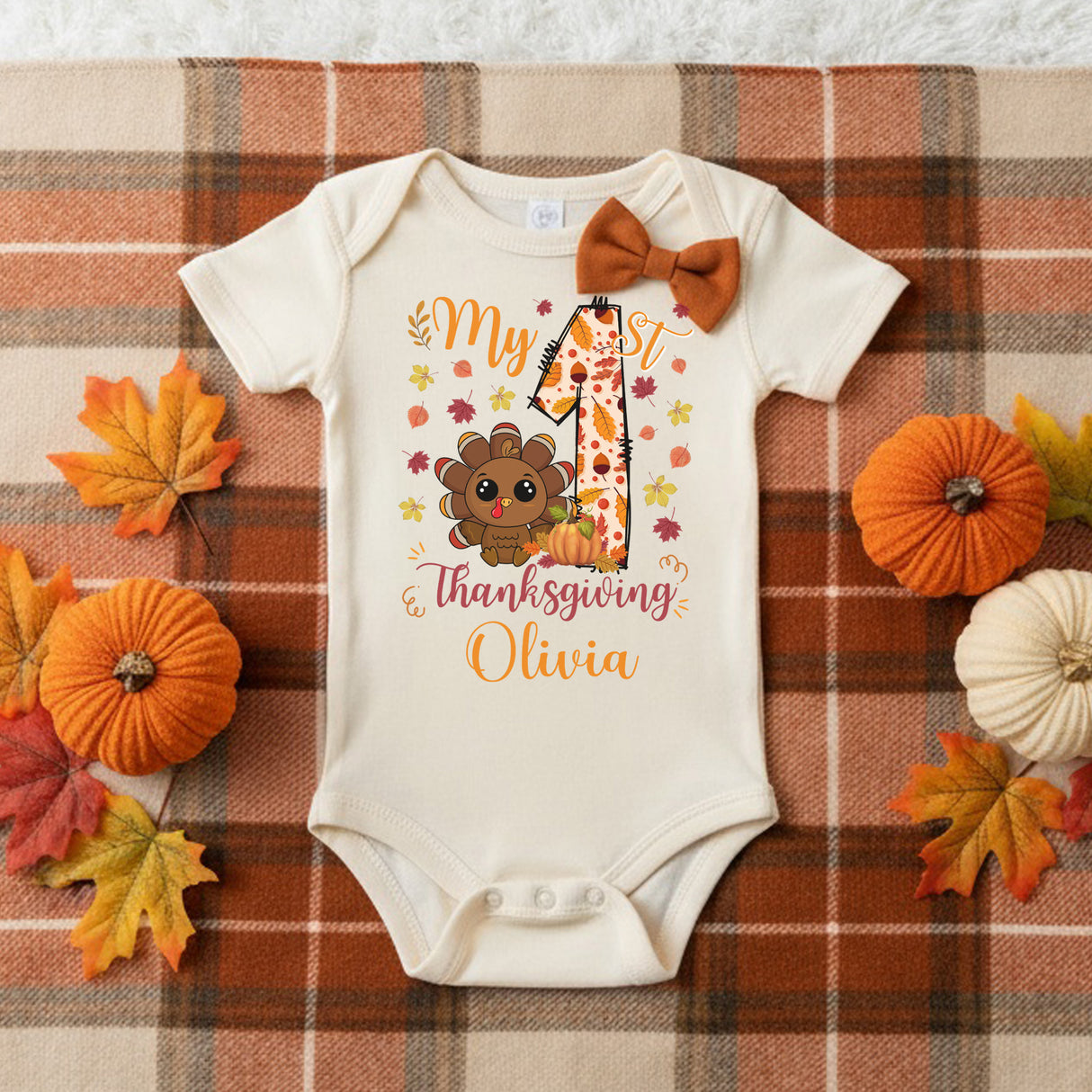 Colorful My First Thanksgiving Onesie Outfit Personalized with Name for Baby Girl and Boy