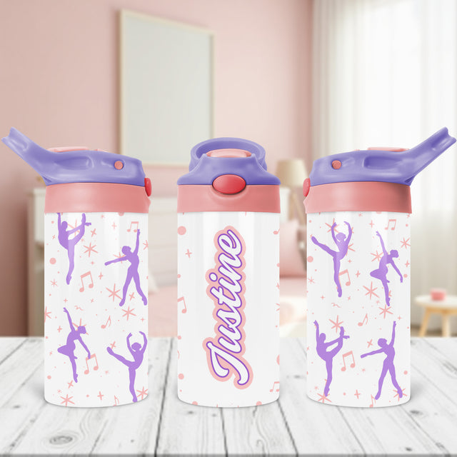 Personalized girls water bottle for dance with custom name and spill-proof flip lid, perfect as a back to school or birthday gift.
