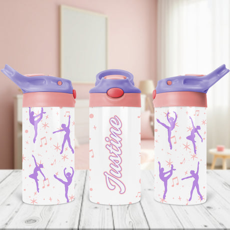 Personalized girls water bottle for dance with custom name and spill-proof flip lid, perfect as a back to school or birthday gift.