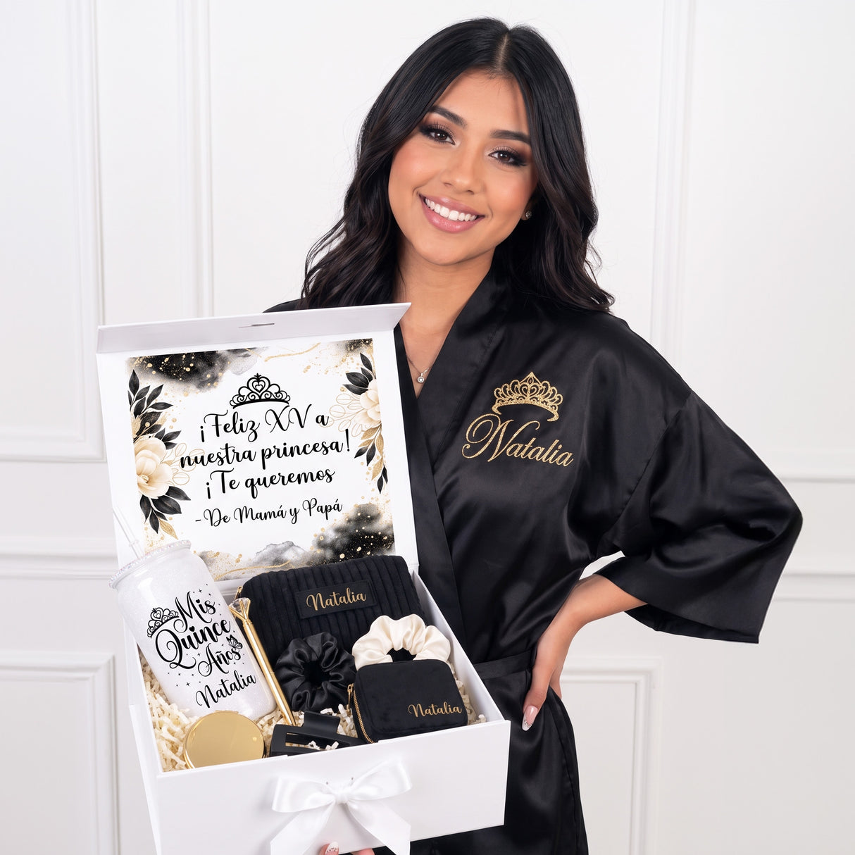 Black and Gold Quinceanera Gift Box w Rhinestone Cup and Jewely Box
