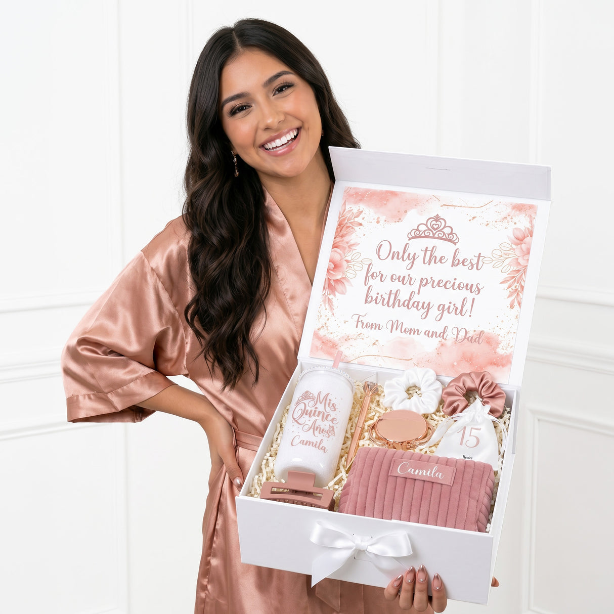 Rose Gold Quinceanera Gift Box with Rhinestone Cup and Butterfly Bracelet