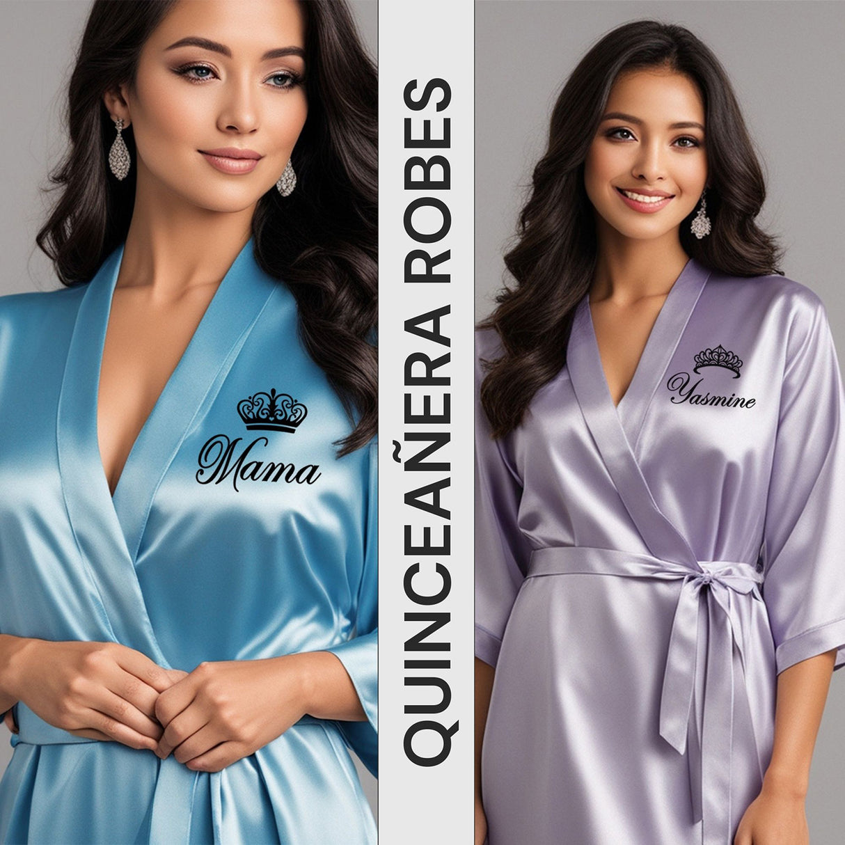 Satin ocean blue mama de la quinceanera getting ready robes. Pretty lilac mis quince anos robes. Mom and daughter quinceanera robes. all SKUs 