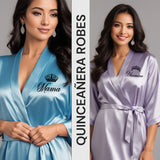 Ocean blue mama de la quinceanera satin getting ready robes. Matching lilac mis quince anos and mama de la quince getting ready robes. all SKUs