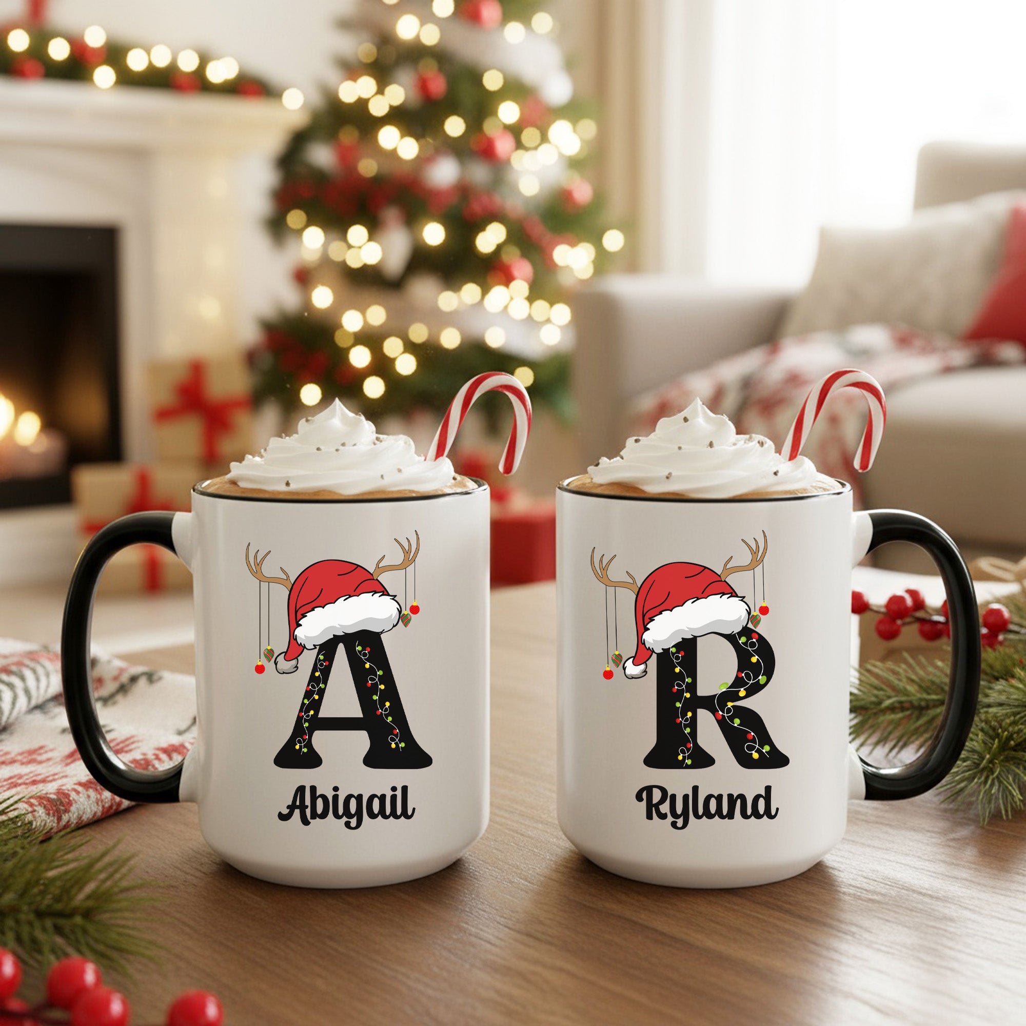 Christmas Lights Reindeer Initial Personalized Christmas Mugs for Kids and Adults