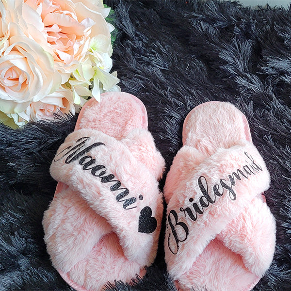 BluChi Personalized Fluffy Slippers for Women/ Bridesmaid & Bride Gift