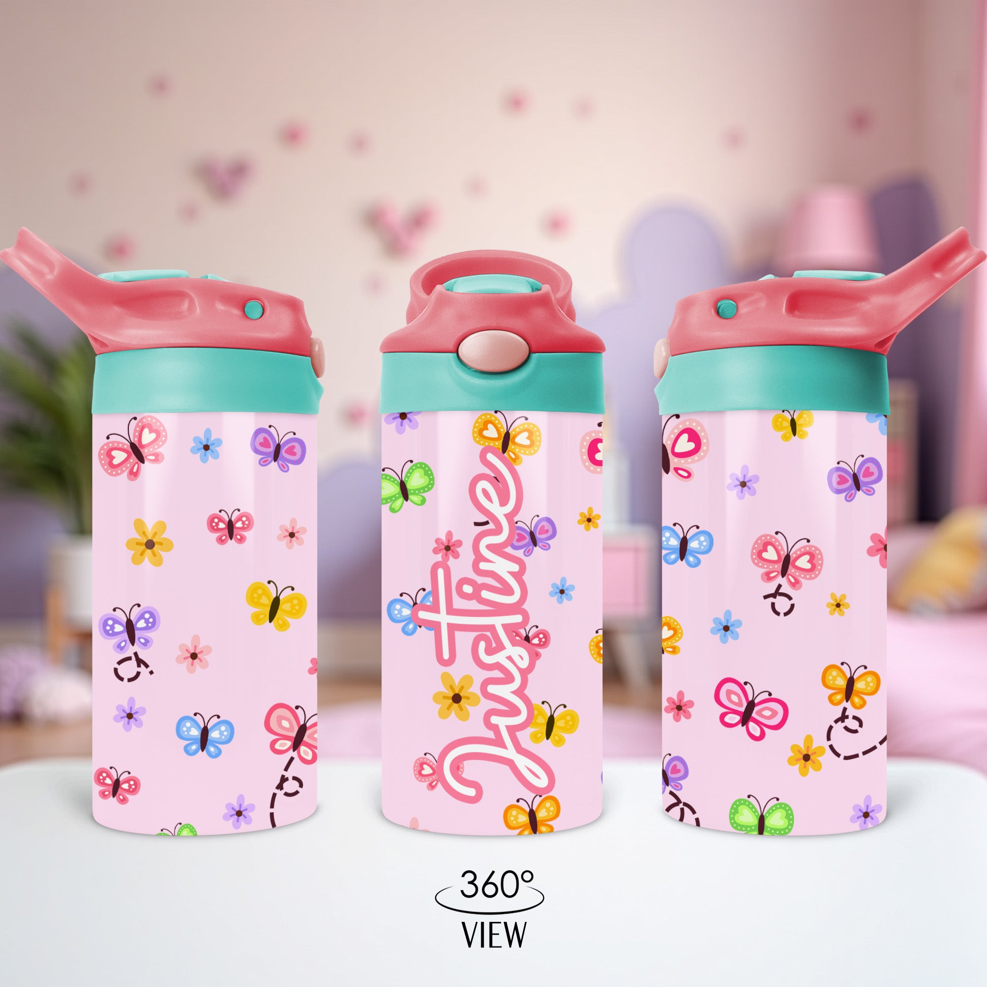 Personalized back to school tumblers for little girls. Butterfly flip top lid cup for toddlers. 