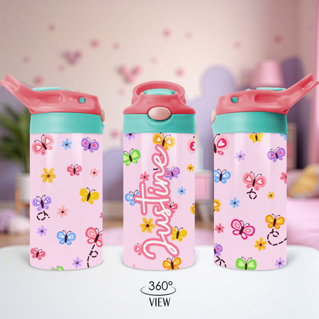 Personalized back to school tumblers for little girls. Butterfly flip top lid cup for toddlers. 