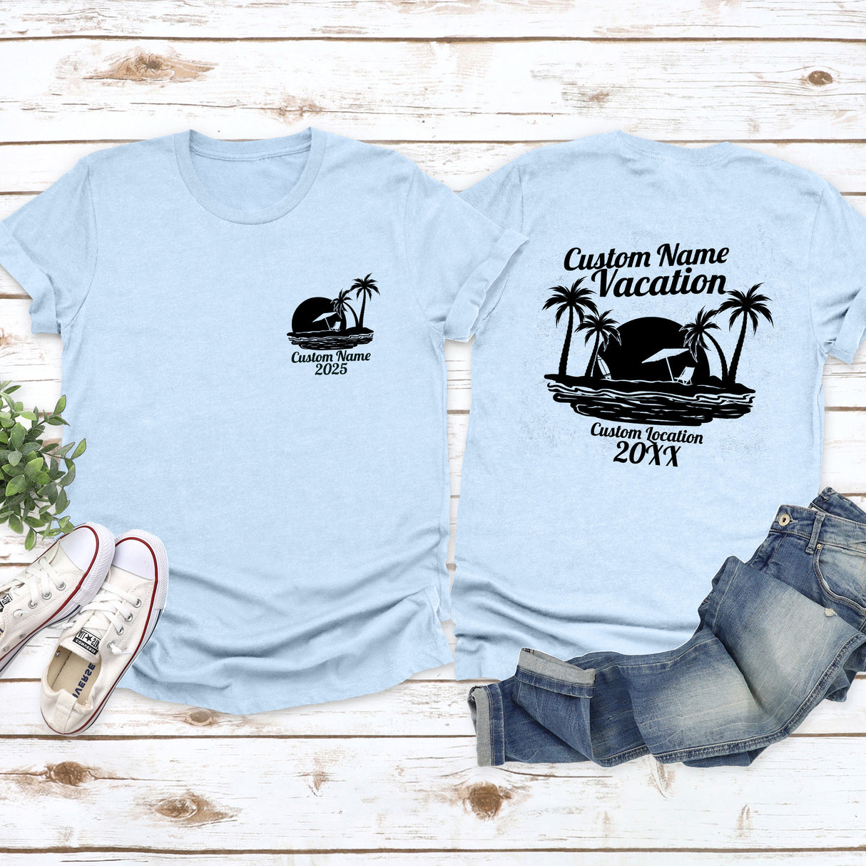 Custom matching family vacation beach shirts personalized with names, perfect for summer trips, reunions, cruises, and tropical family getaways.