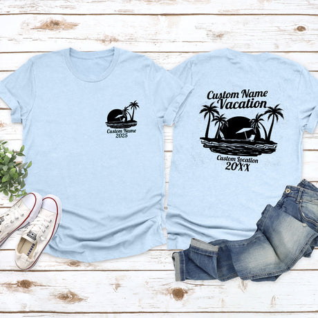 Custom matching family vacation beach shirts personalized with names, perfect for summer trips, reunions, cruises, and tropical family getaways.