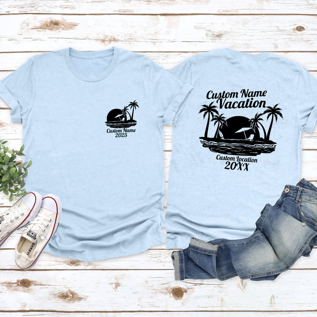 Custom matching family vacation beach shirts personalized with names, perfect for summer trips, reunions, cruises, and tropical family getaways.