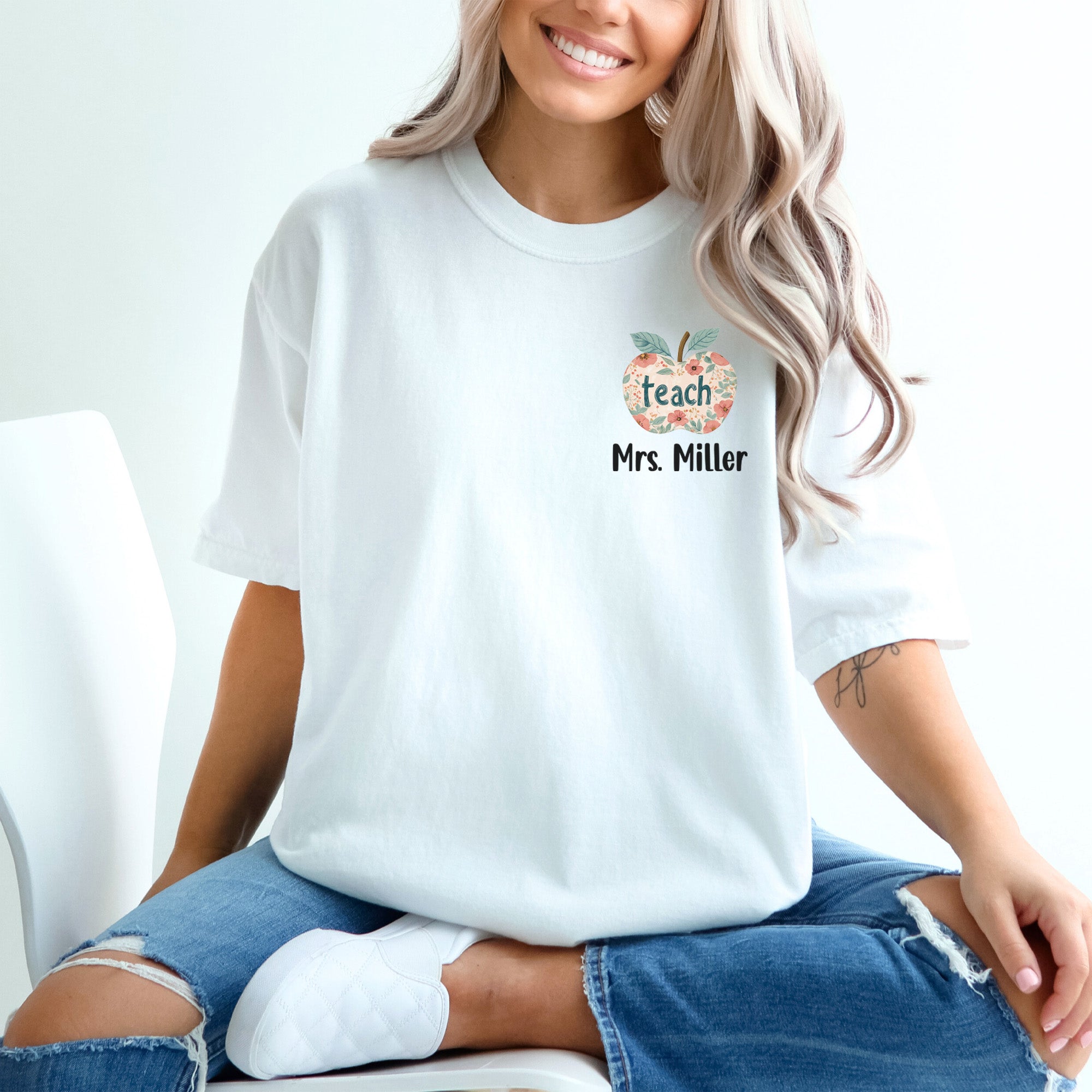 Last name custom shirt for teachers. Comfort colors custom teach shirt. Comfort colors teacher shirt personalized. 