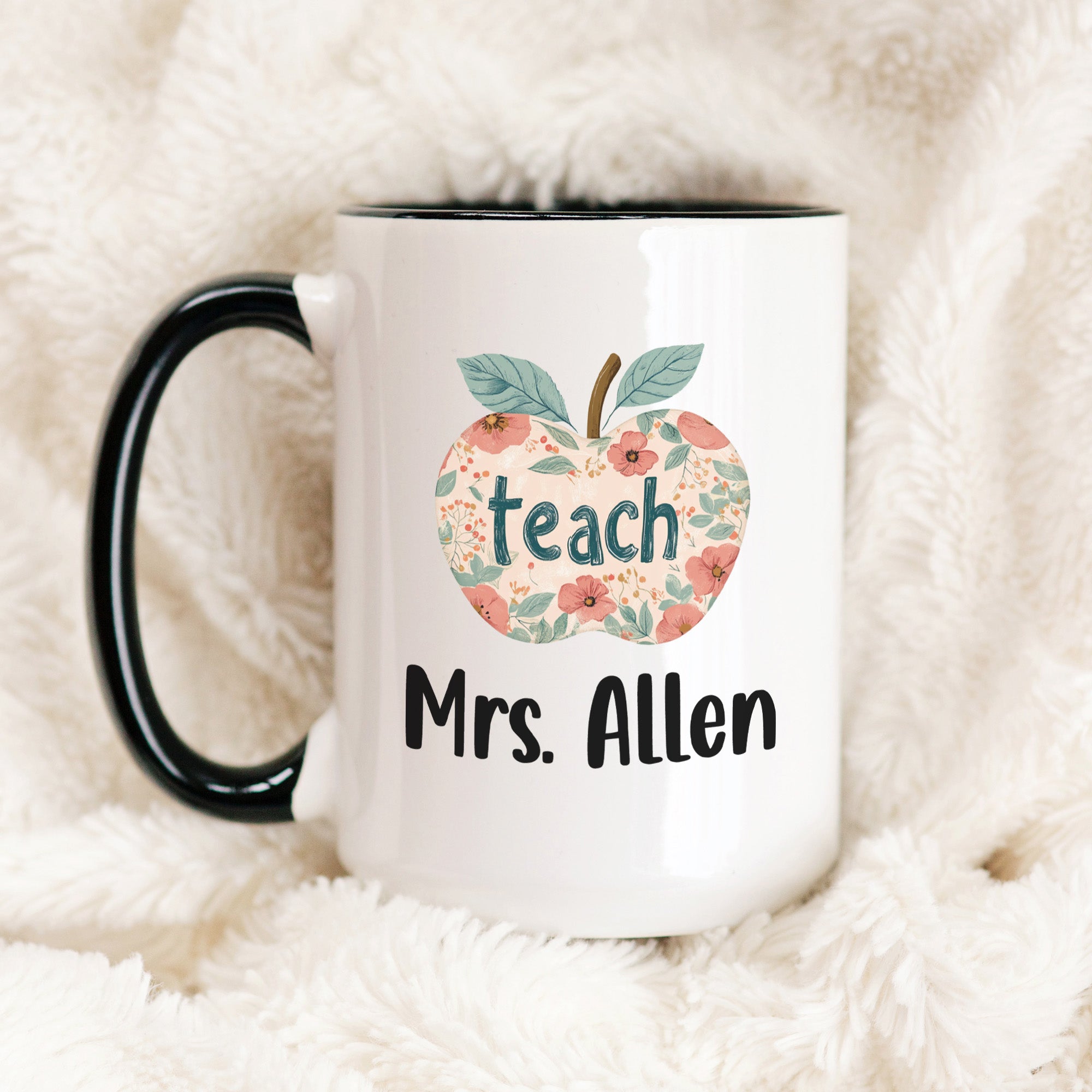 Floral teacher mug with personalized name for end of year gift. Custom name mug for teachers, perfect teacher Christmas gift. Unique teacher coffee mug with apple and floral design. 