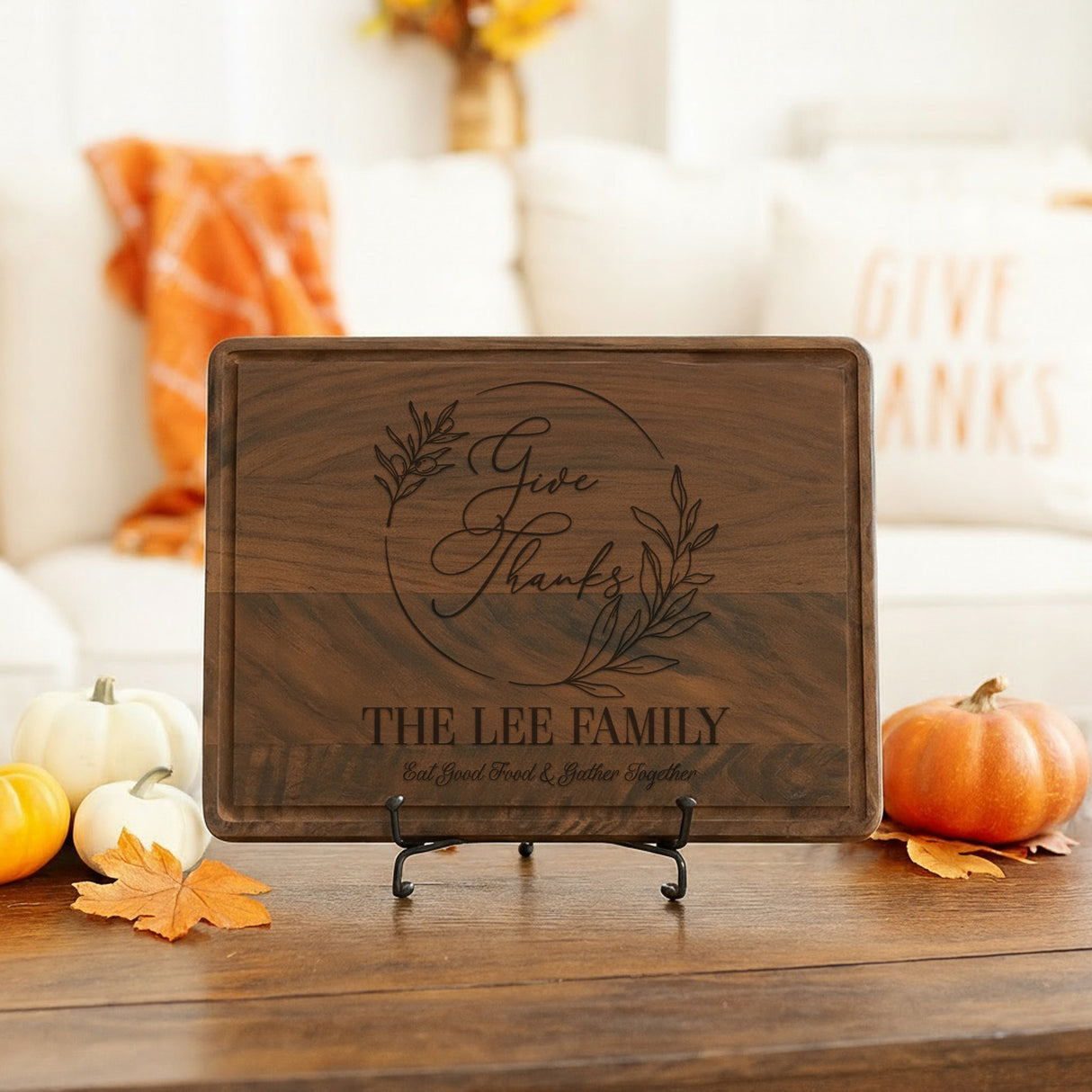 Give Thanks with Wreath Personalized Cutting Board for Thanksgiving, Custom Family Gifts