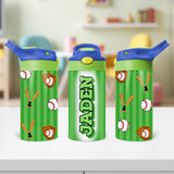 Custom kids water bottle with name and baseball design, ideal for boys in peewee baseball, T-ball, or youth sports.