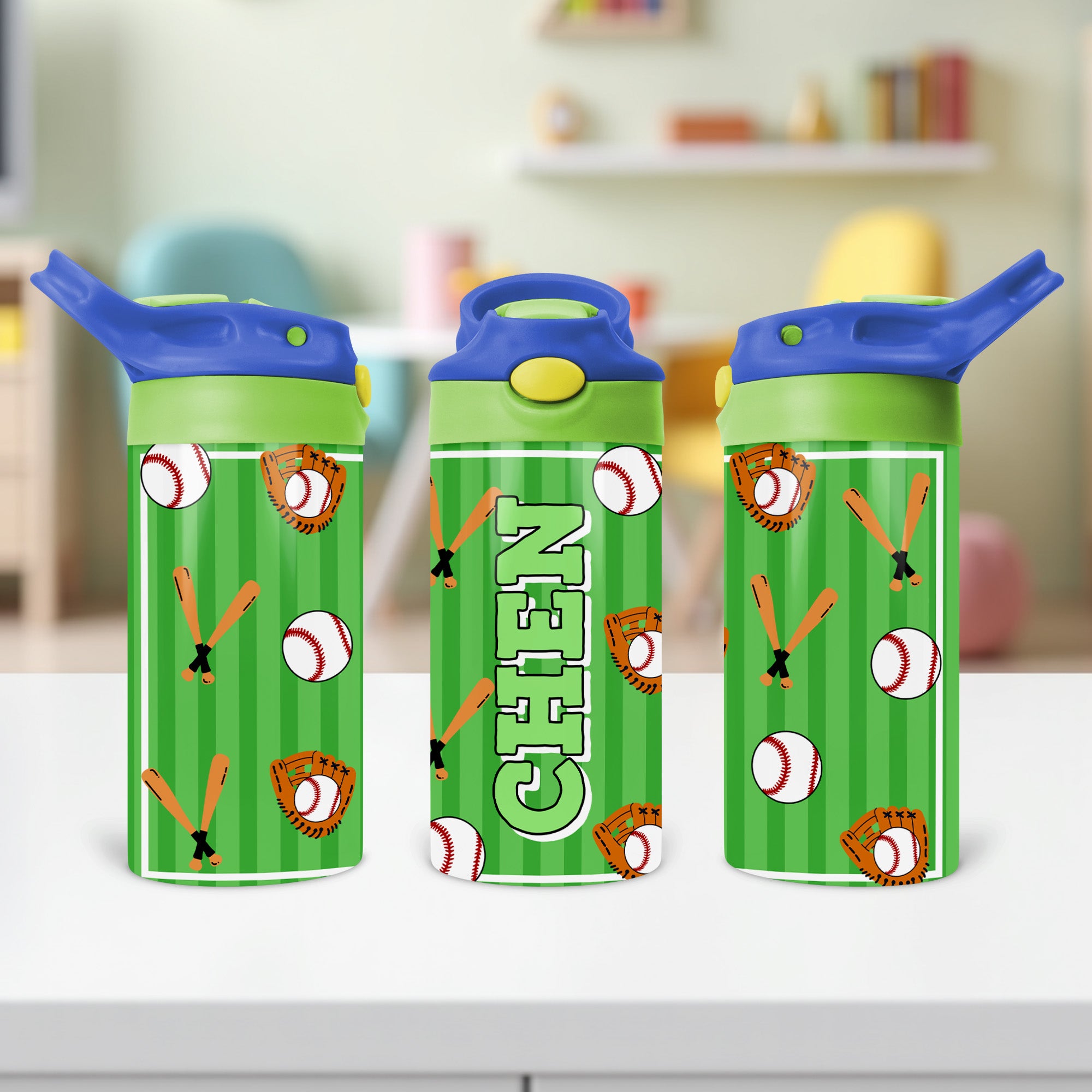Custom kids water bottle with name and baseball design, ideal for boys in peewee baseball, T-ball, or youth sports.