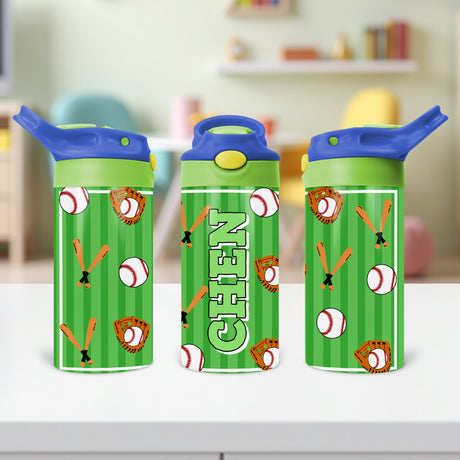 Custom kids water bottle with name and baseball design, ideal for boys in peewee baseball, T-ball, or youth sports.
