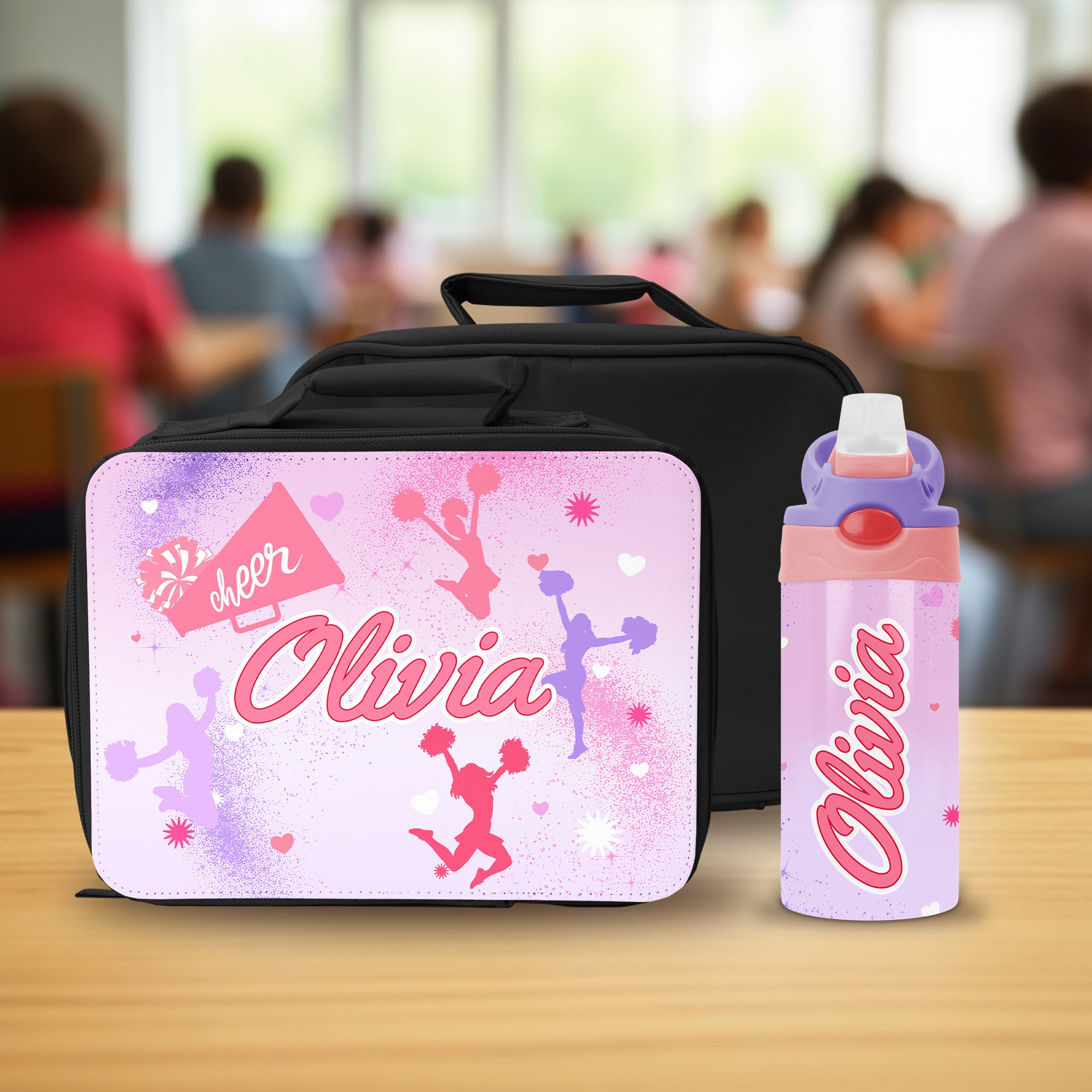 Girls insulated lunch box and water bottle set personalized back to school or cheer gift.