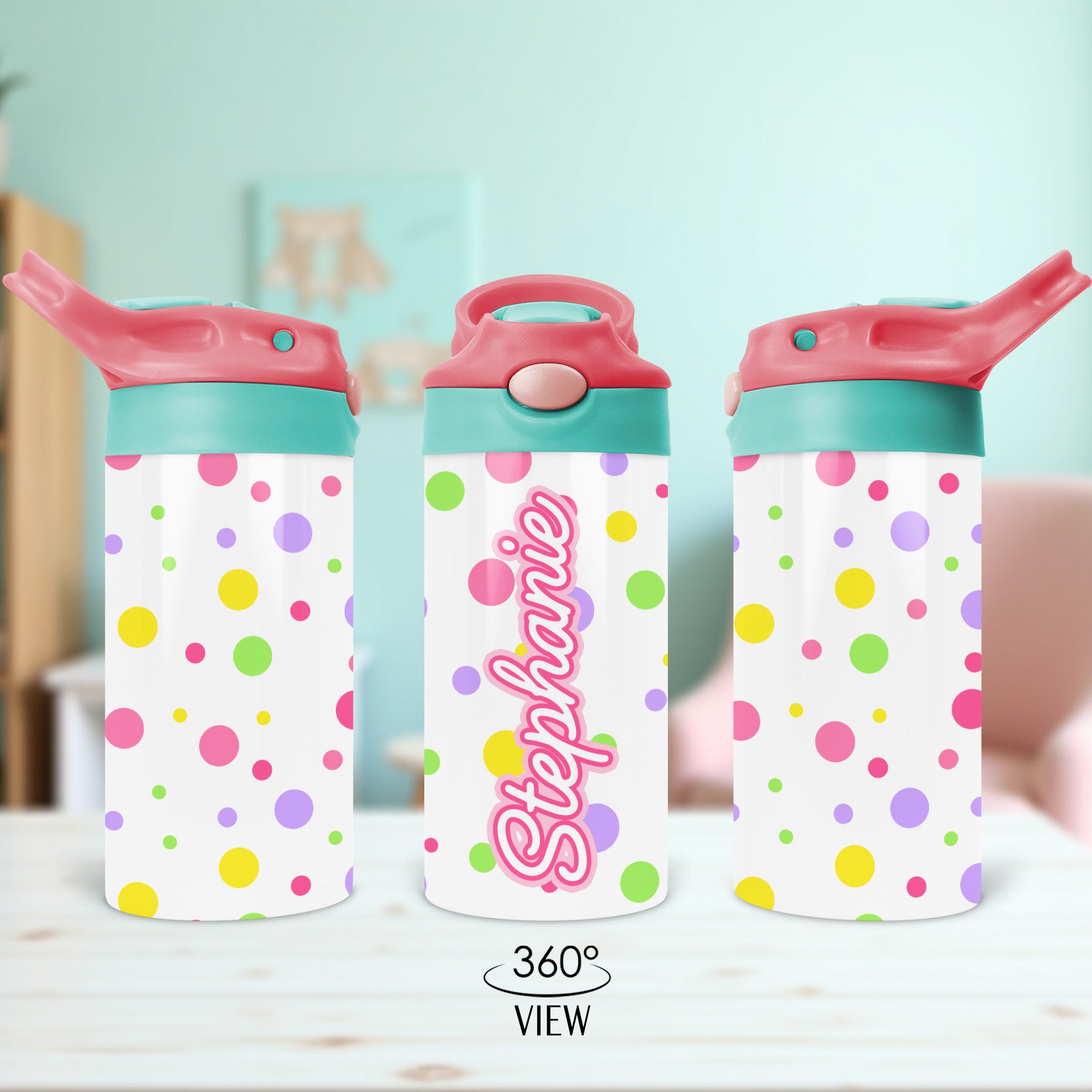Kids water bottle with name and polka dots is perfect for preschool, daycare, or classroom hydration.