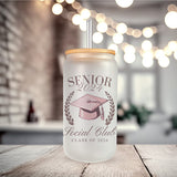 Class of 2024 gift. Frosted 16oz senior 2024 Glass Tumbler with multi-colored Senior 2024 Social Club design. Iced coffee cup with straw and lid.  allSKUs