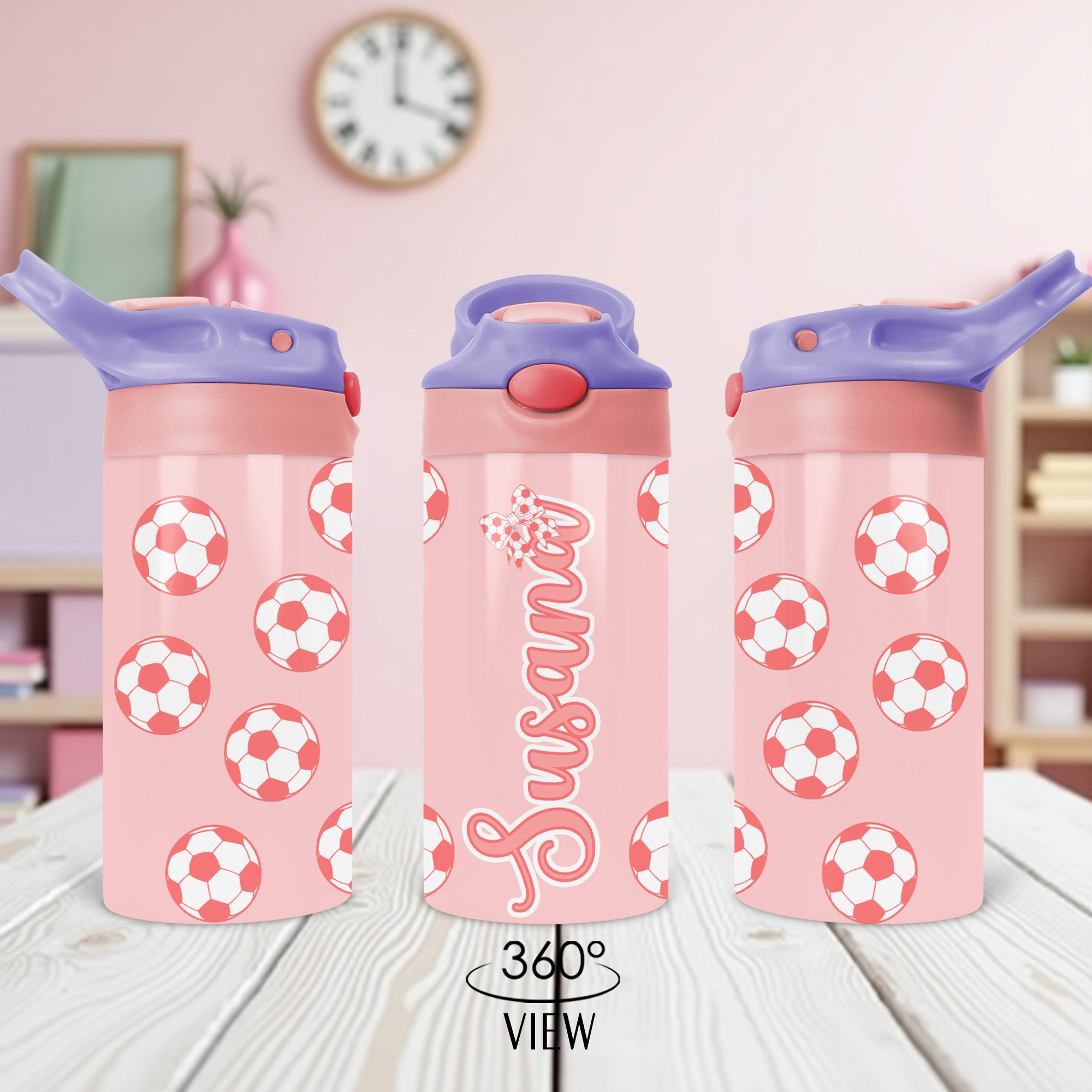 Personalized kids water bottle with pink soccer theme, great for team gifts and school use.