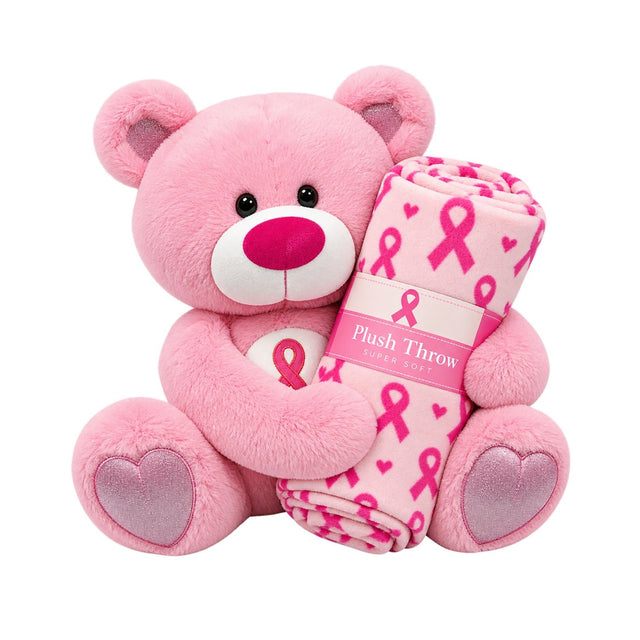 Plush teddy bear and soft plush blanket gift set for breast cancer awareness and support. Great gift for adult or teen.