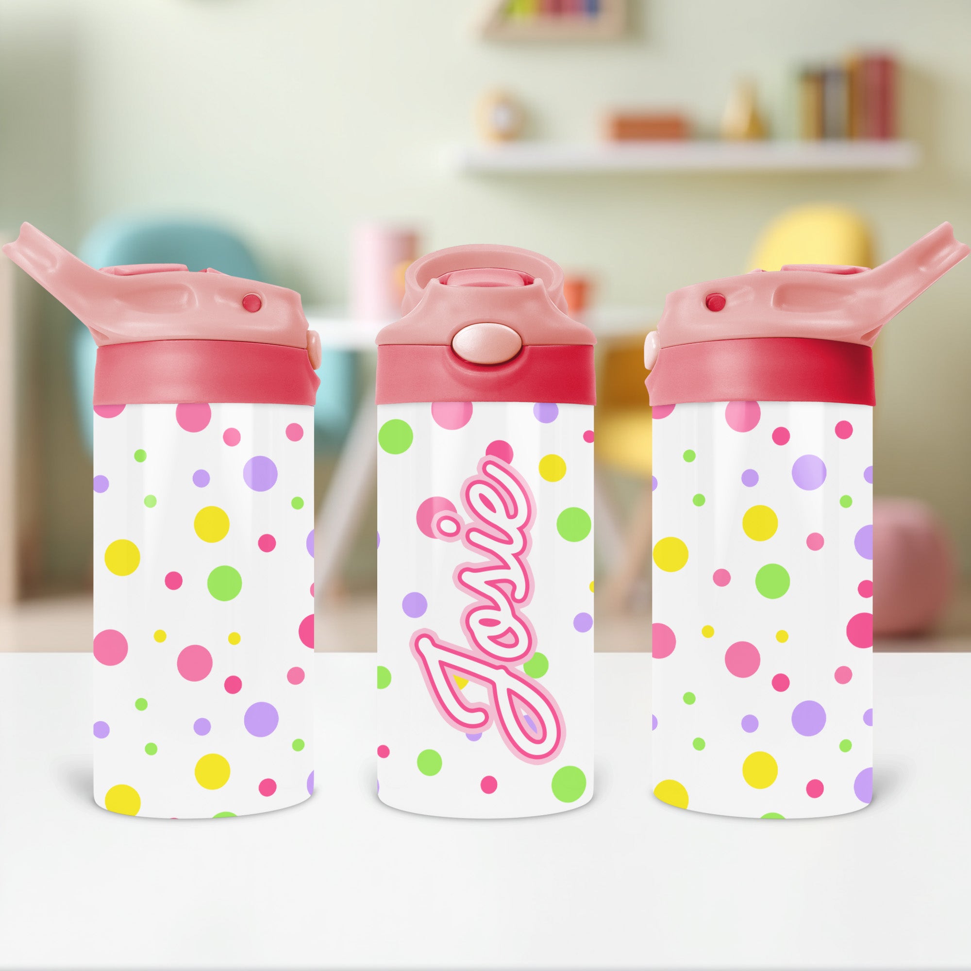 Custom polka dot water bottle with name, a fun and functional back to school gift for kids who need personalized drinkware.