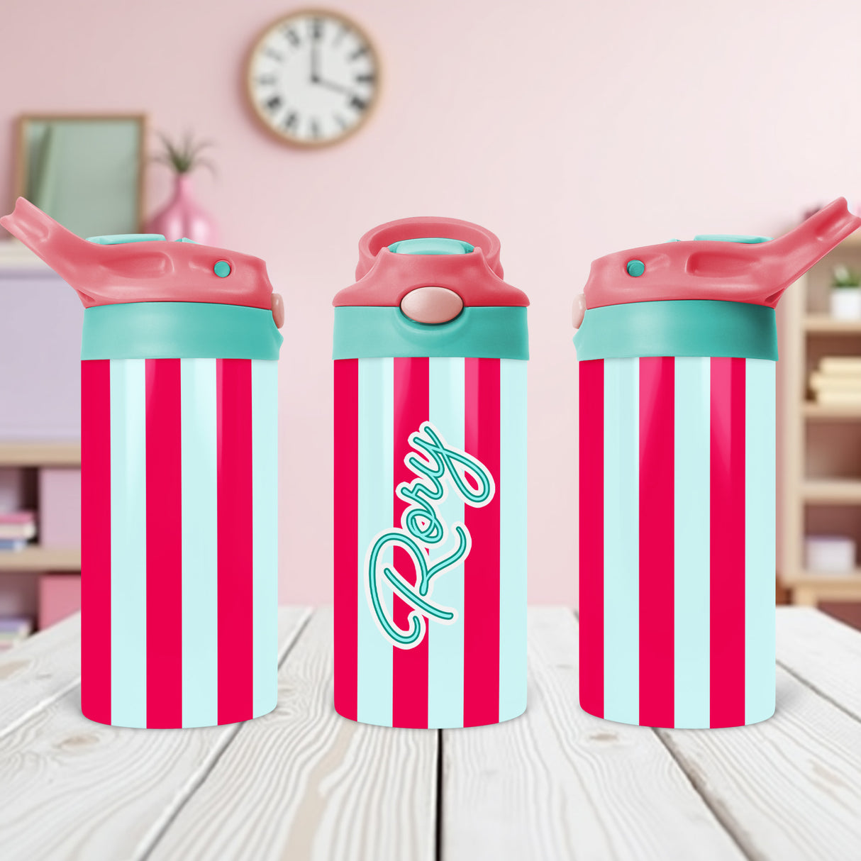 Durable custom kids water bottle featuring multicolor stripes and printed name for everyday use.