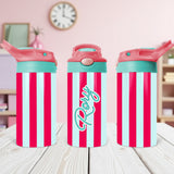 Durable custom kids water bottle featuring multicolor stripes and printed name for everyday use.