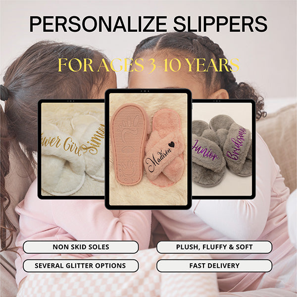 Personalized Fluffy Girls Slippers for Kids Ages 3 to 10 - Non-Skid Open Toed Style - Flower Girl Slippers - Slippers for Birthday Parties