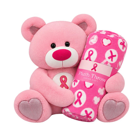 Pink Ribbon Plush Teddy Bear and Plush Throw Blanket Set - Gifts Are Blue
