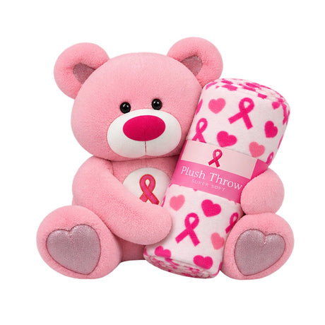 Pink Ribbon Plush Teddy Bear and Plush Throw Blanket Set - Gifts Are Blue
