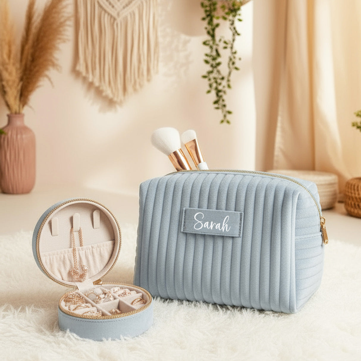 Cute personalized powder blue velvet makeup bag and travel size jewelry box.