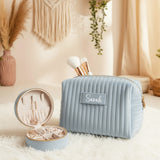 Cute personalized powder blue velvet makeup bag and travel size jewelry box.