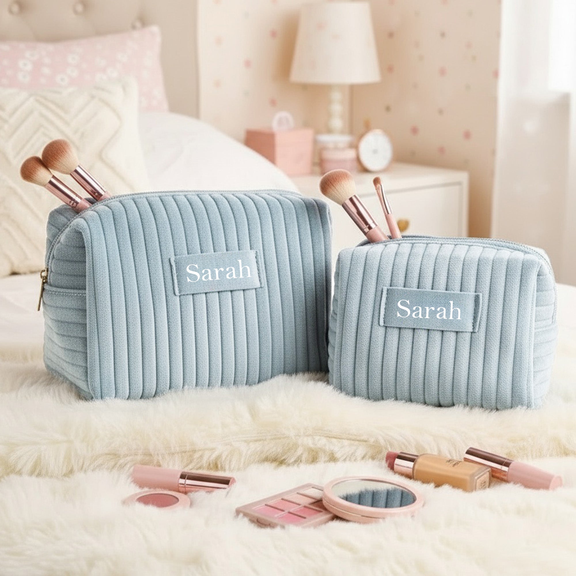 Personalized Velvet Makeup Bag Matching Set with Name