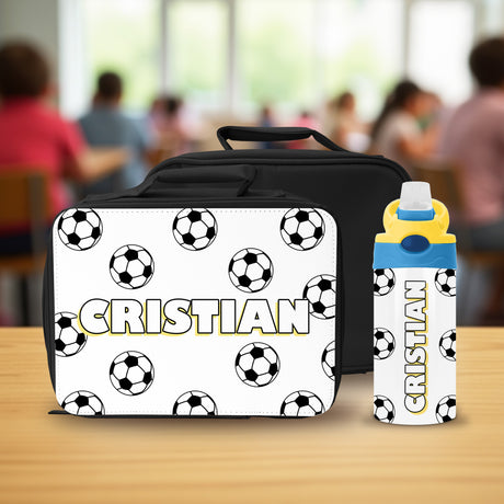 Personalized back to school gift featuring a soccer lunch box and water bottle with name.