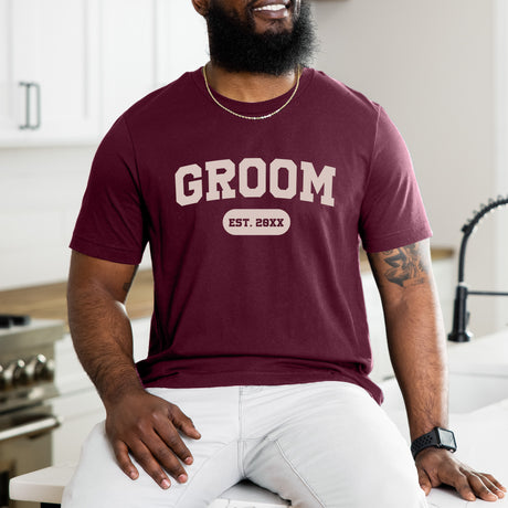 Custom groom bachelor party shirt featuring custom EST year, perfect personalized wedding party shirt for grooms and groomsmen.
