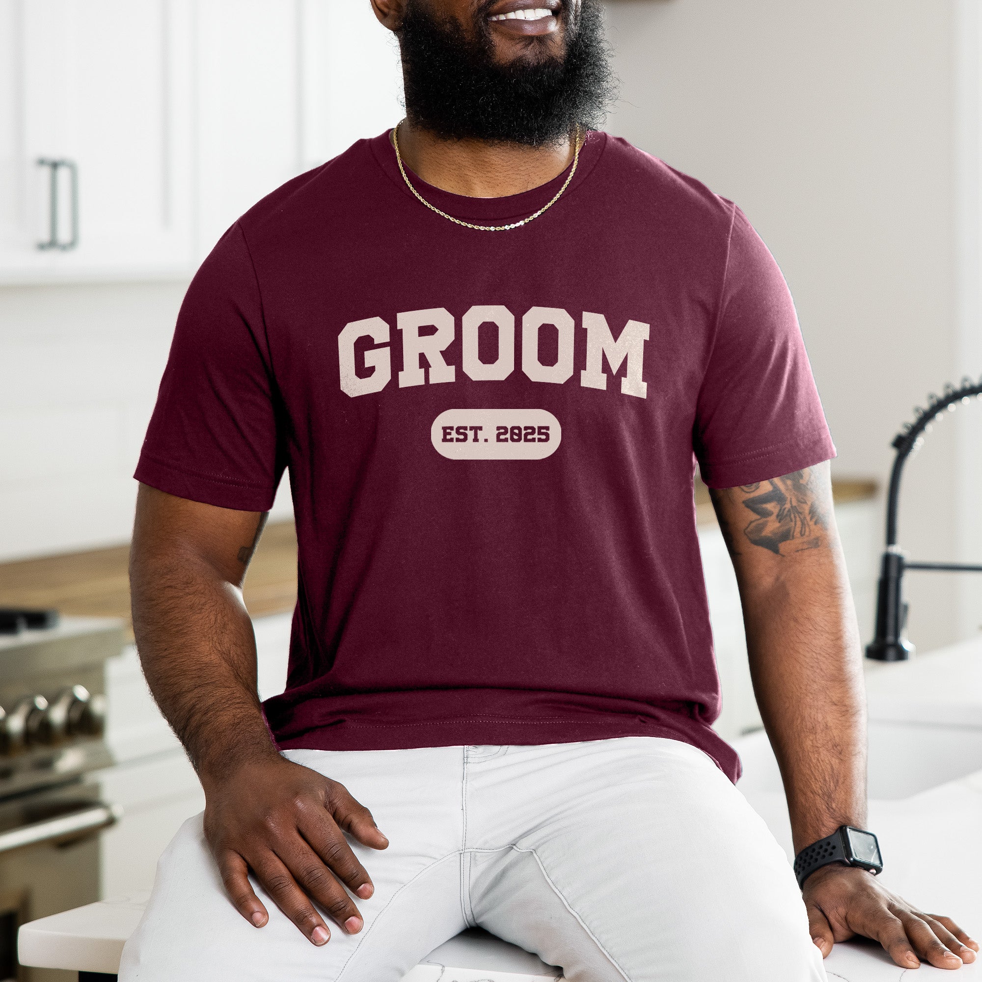 Custom groom bachelor party shirt featuring custom EST year, perfect personalized wedding party shirt for grooms and groomsmen.