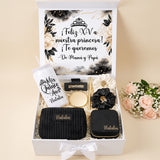 Black and Gold Quinceanera Gift Box w Rhinestone Cup and Jewely Box
