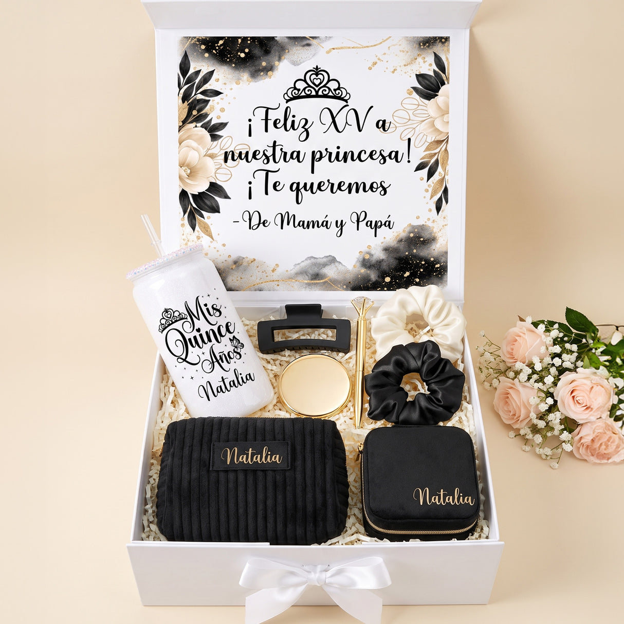 Black and Gold Quinceanera Gift Box w Rhinestone Cup and Jewely Box