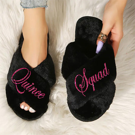 Cute Personalized Fluffy Quinceanera Slippers with Name and Design