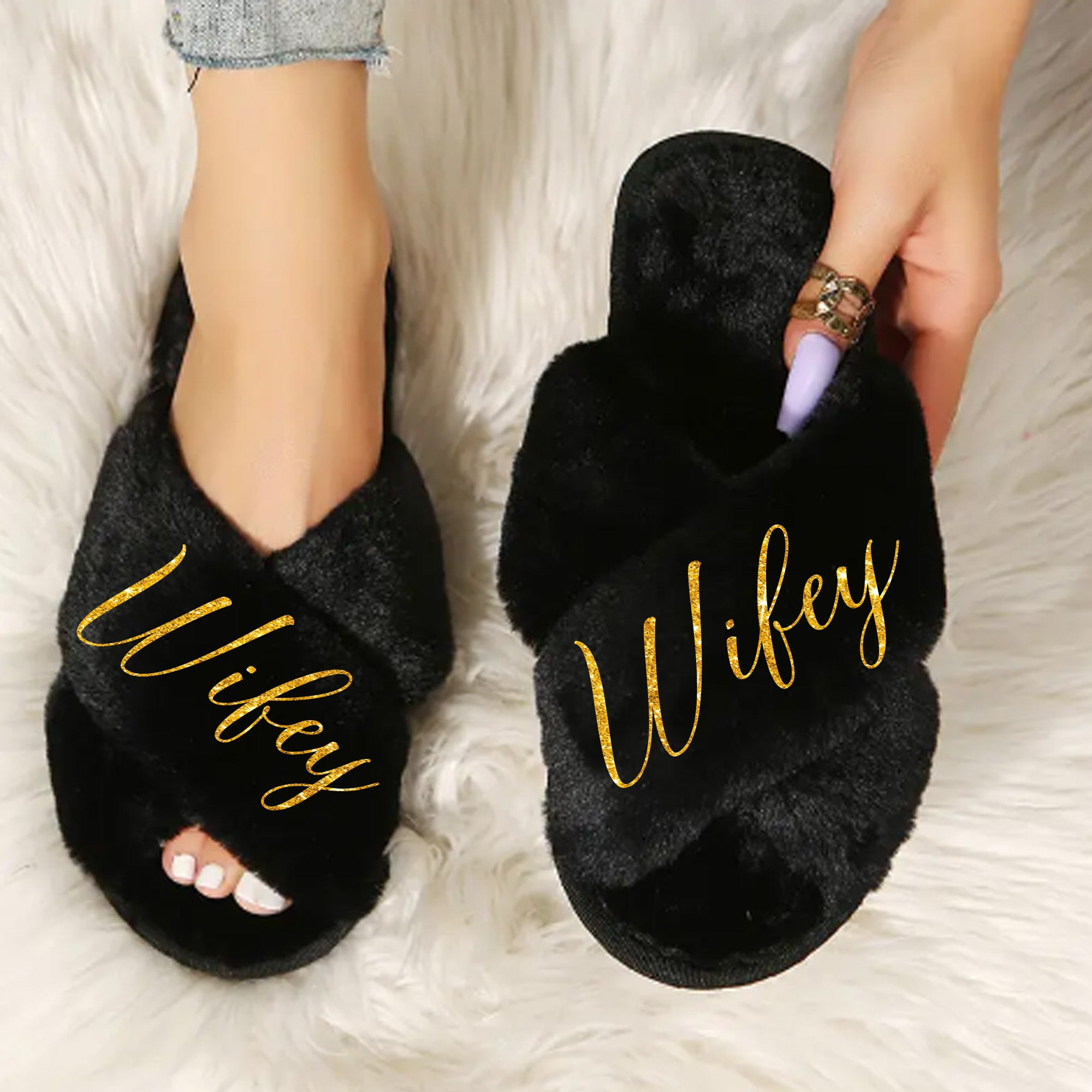 Black oft Faux Fur Wifey Slippers for Wife, Perfect for Birthday, Christmas, or Wedding Gift Ideas. 