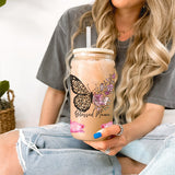 Woman holding iced coffee cup designed to honor mothers on mothers day, birthdays and christmas.