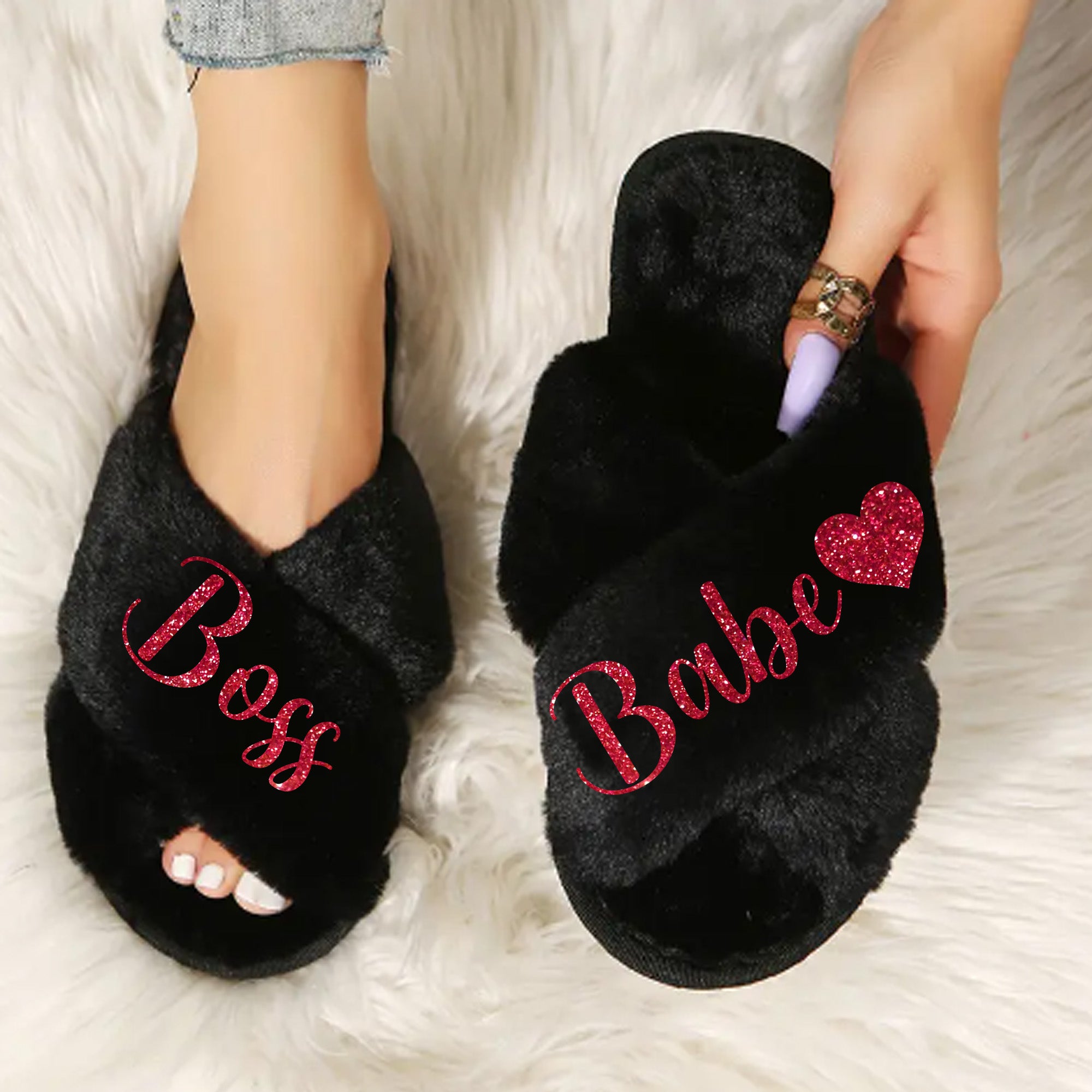 Women’s Fuzzy House Slippers with Criss Cross Faux Fur and Glitter Boss Babe Design. Cute and Cozy Gift Idea